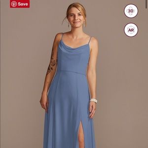 Sz 2 David’s Bridal Cowl Neck Chiffon Bridesmaid Dress with Slit in Steel Blue